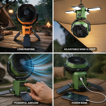 Camping Fan Solar Charging & Power Bank 30-Hour Runtime