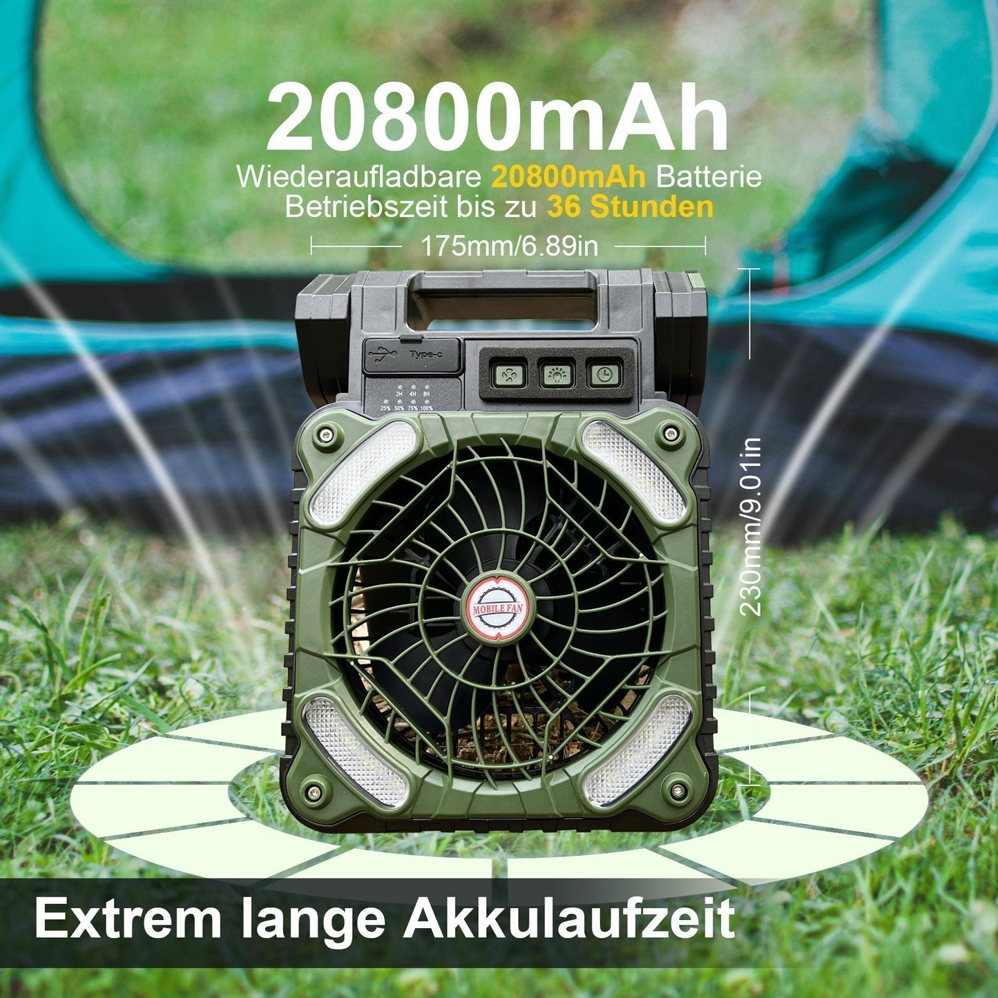 Camping Fan Solar-Powered 20,800 mAh Power Bank