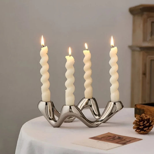 Candle Holder Sculptural Wave Ceramic Holds Four Taper Candles