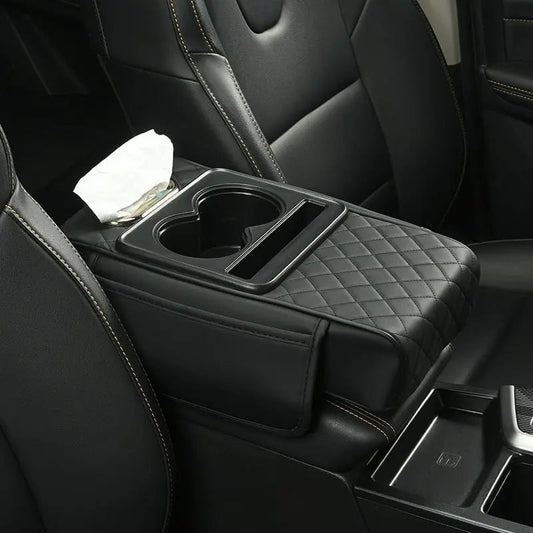Car Armrest Cover Padded Quilted Leatherette Dual Cup Holders