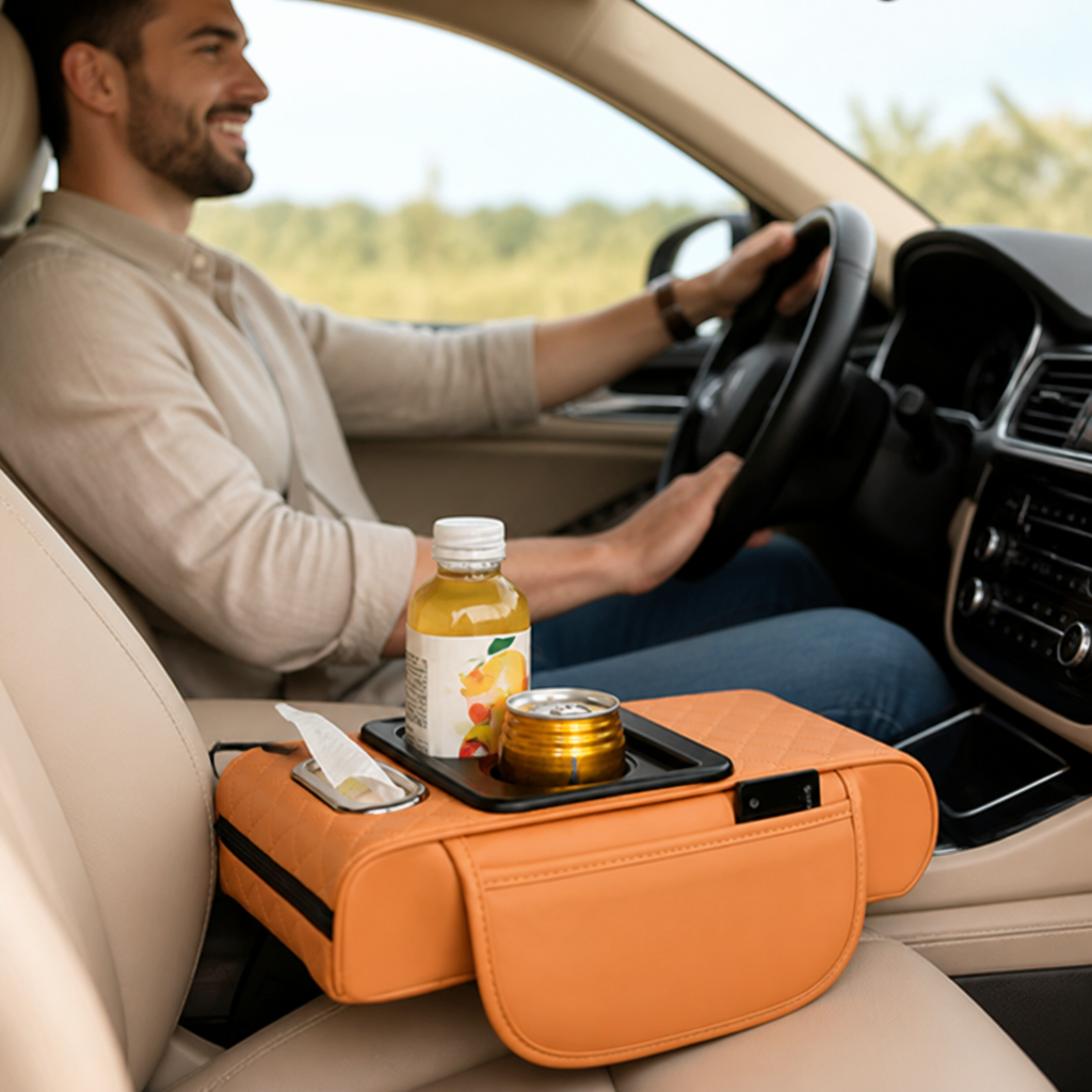 Car Armrest Cushion Padded Cup Holder & Storage