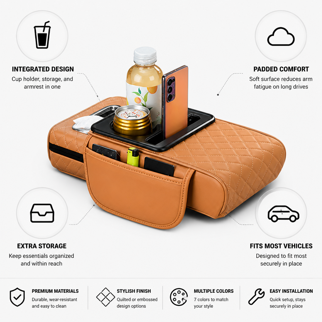 Car Armrest Cushion Padded Cup Holder & Storage