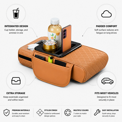Car Armrest Cushion Padded Cup Holder & Storage