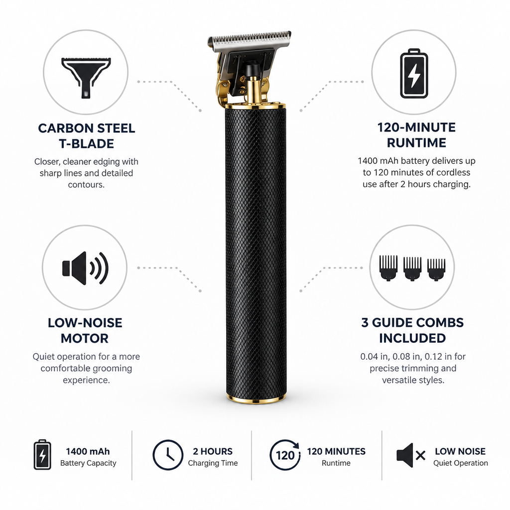 Carbon Steel T-Blade Cordless & Low-Noise Hair & Beard Trimmer (120-Min Runtime)