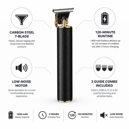 Carbon Steel T-Blade Cordless & Low-Noise Hair & Beard Trimmer (120-Min Runtime)