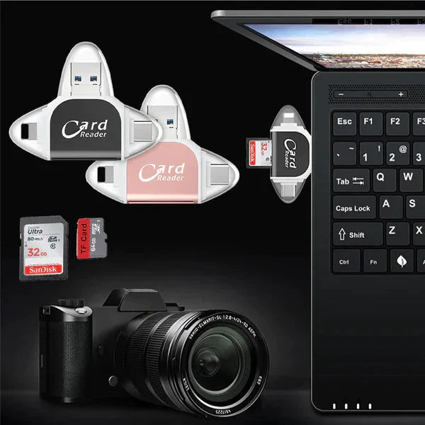 Card Reader 4-in-1 USB-C Lightning Micro-USB USB-A Keychain