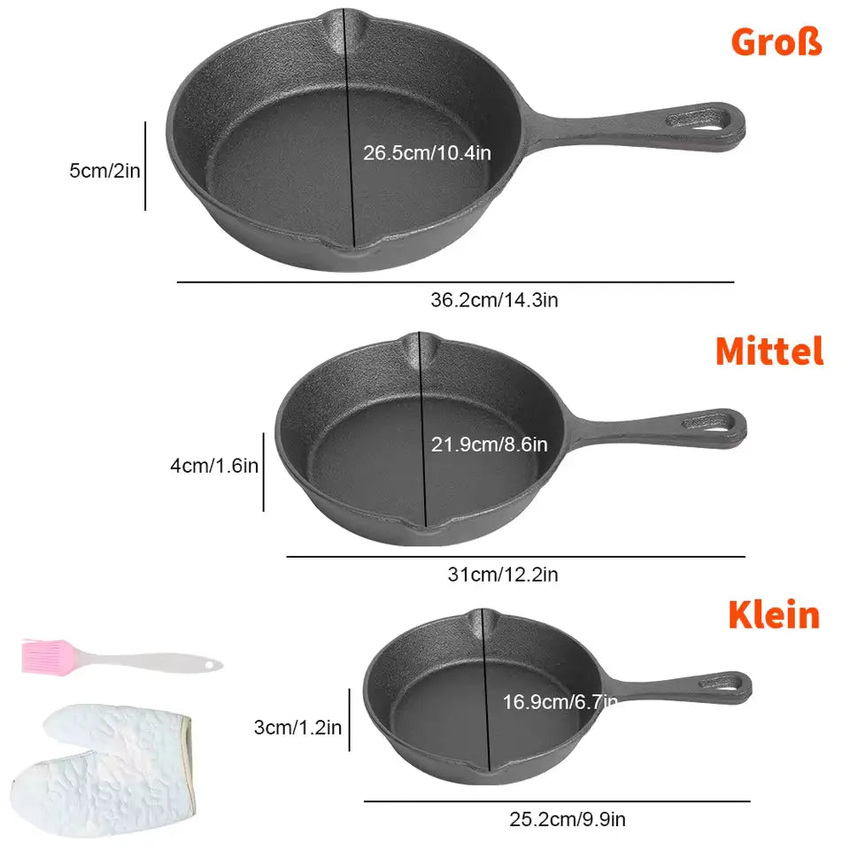 Cast Iron Pan Set 3-Piece Oven & Induction Safe
