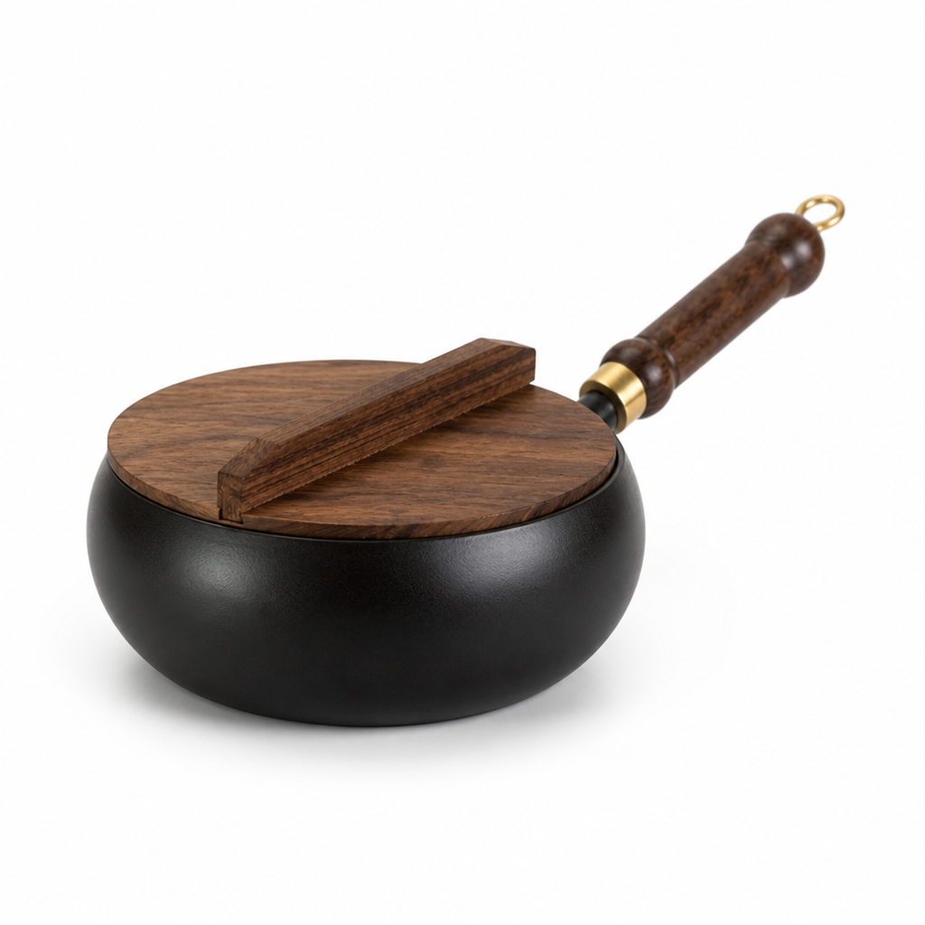 Cast Iron Pan Wooden Lid Superior Heat Retention