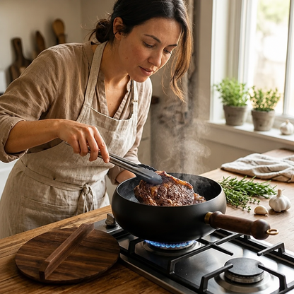 Cast Iron Pan Wooden Lid Superior Heat Retention
