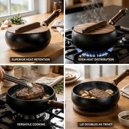 Cast Iron Pan Wooden Lid Superior Heat Retention