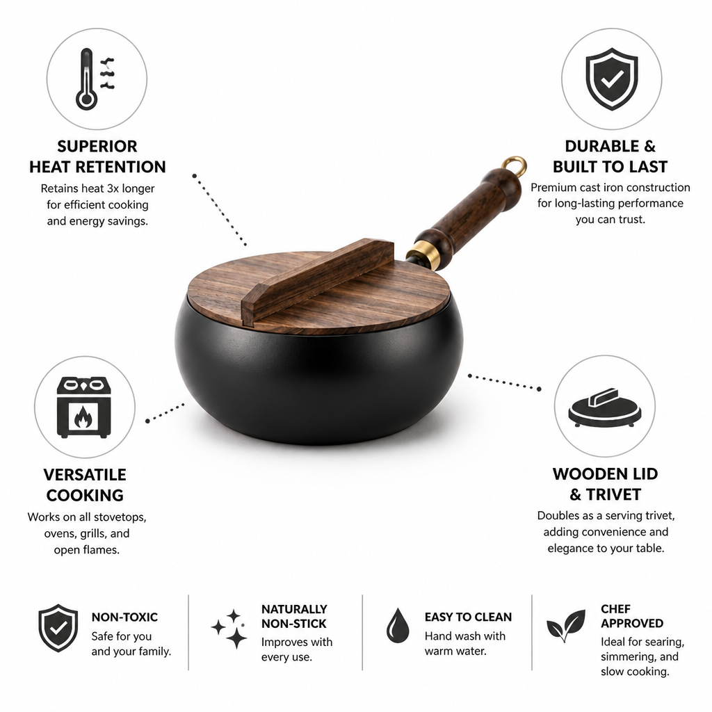 Cast Iron Pan Wooden Lid Superior Heat Retention