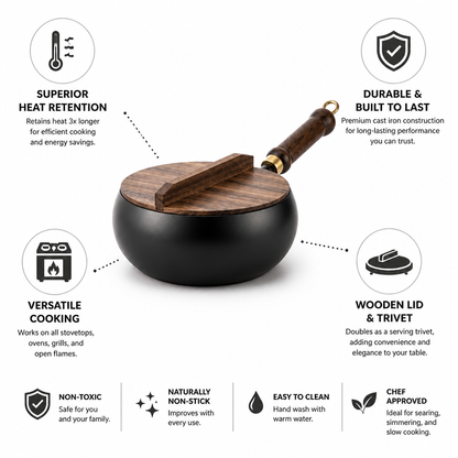 Cast Iron Pan Wooden Lid Superior Heat Retention