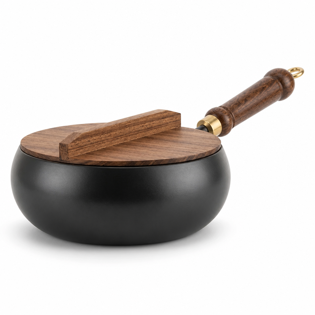Cast Iron Pan Wooden Lid Superior Heat Retention