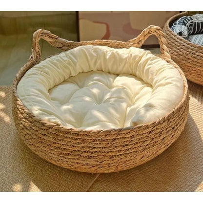 Cat Bed Bamboo Woven Raised Edge Removable Plush Cushion