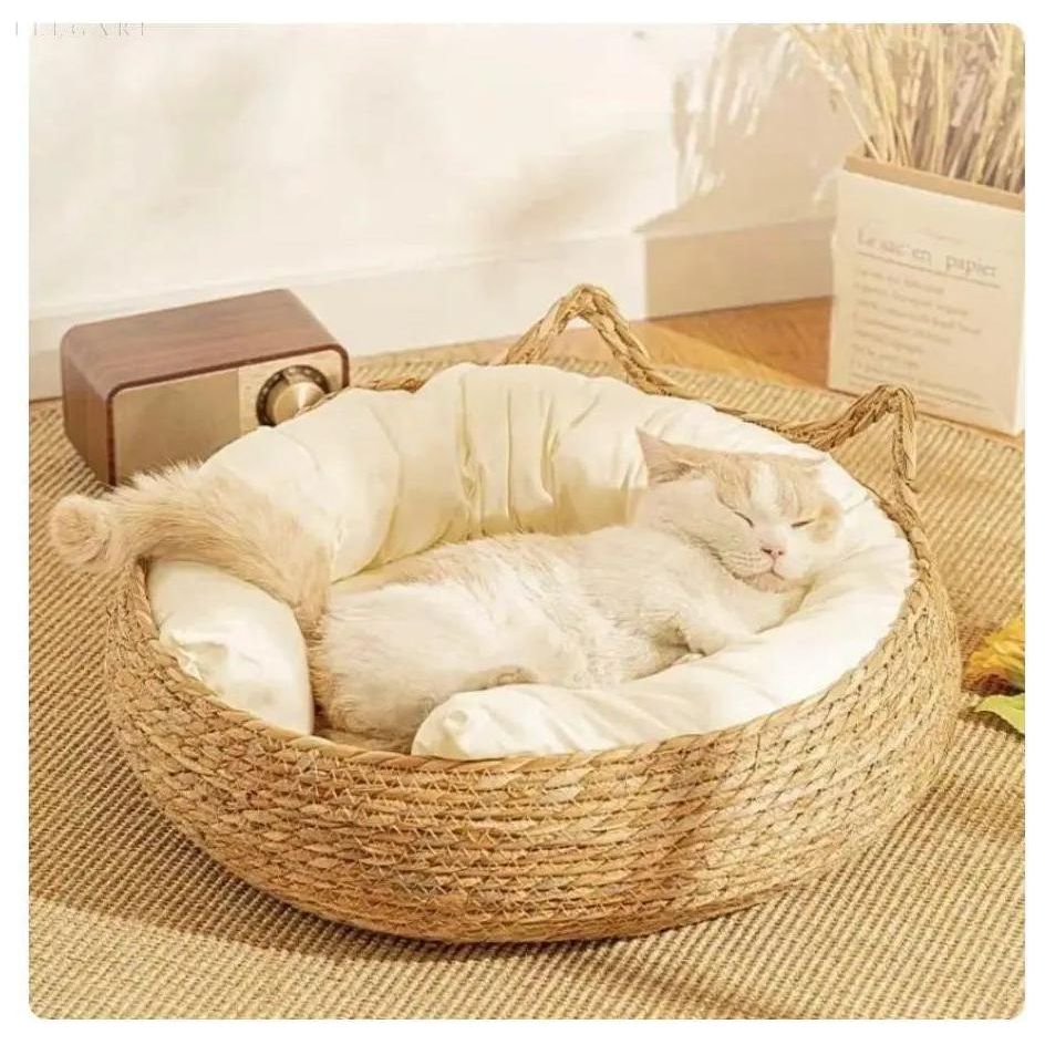 Cat Bed Bamboo Woven Raised Edge Removable Plush Cushion