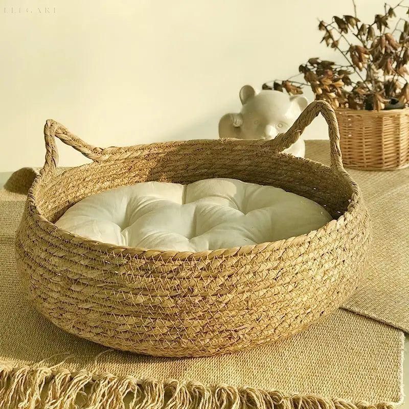 Cat Bed Bamboo Woven Raised Edge Removable Plush Cushion