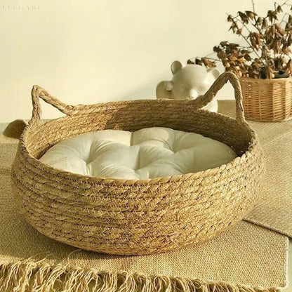 Cat Bed Bamboo Woven Raised Edge Removable Plush Cushion