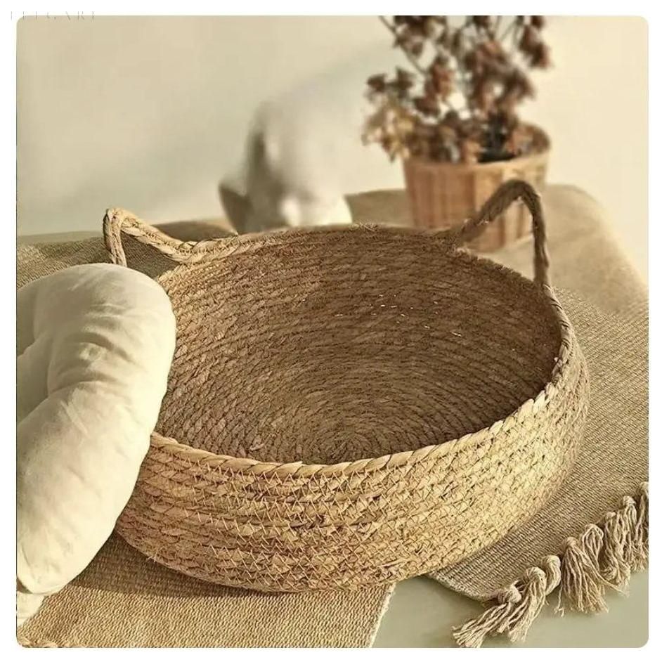 Cat Bed Bamboo Woven Raised Edge Removable Plush Cushion