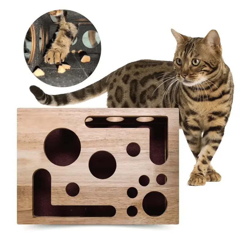 Cat Puzzle Box Oak Wood Treat-Dispensing Natural Claw Care