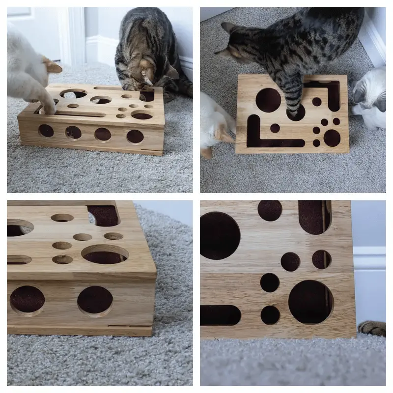Cat Puzzle Box Oak Wood Treat-Dispensing Natural Claw Care