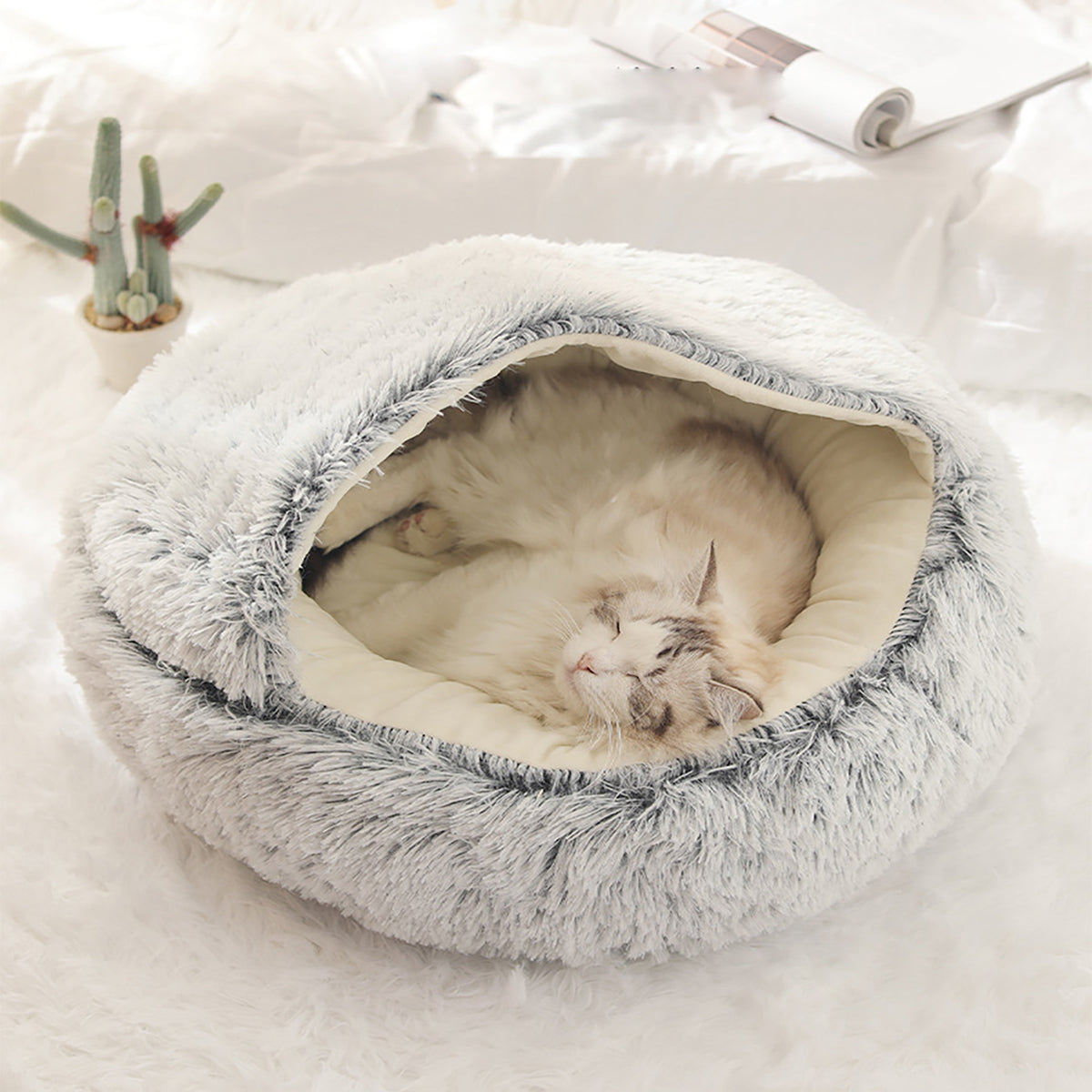 Cat & Small Dog Bed Semi-Enclosed Plush Non-Slip Base