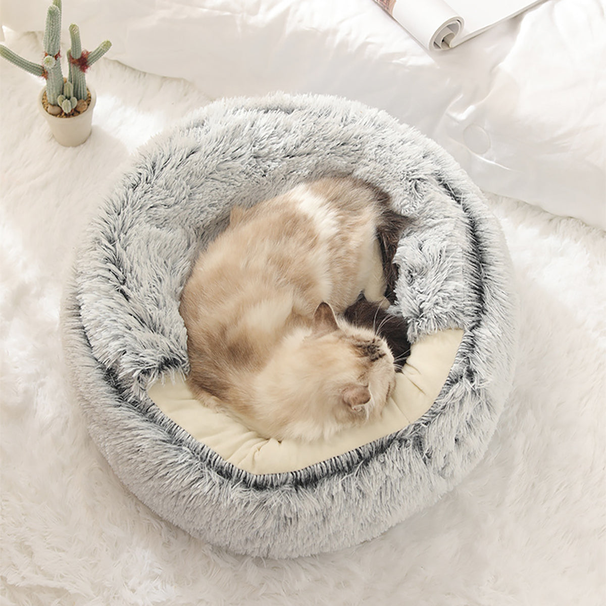 Cat & Small Dog Bed Semi-Enclosed Plush Non-Slip Base
