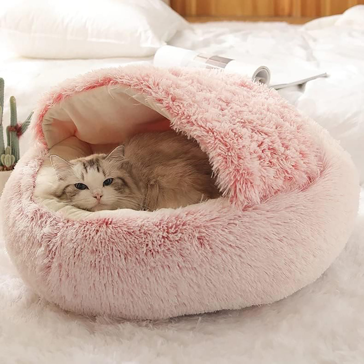 Cat & Small Dog Bed Semi-Enclosed Plush Non-Slip Base