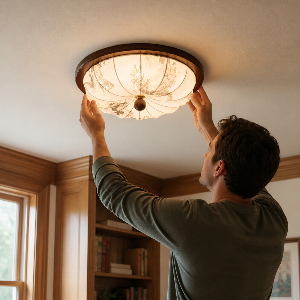 Ceiling Light Integrated Warm LED Fabric Shade Wood Accent