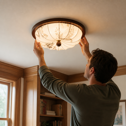 Ceiling Light Integrated Warm LED Fabric Shade Wood Accent