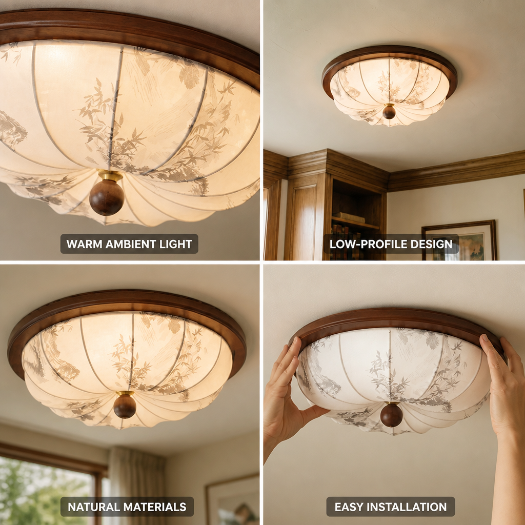 Ceiling Light Integrated Warm LED Fabric Shade Wood Accent