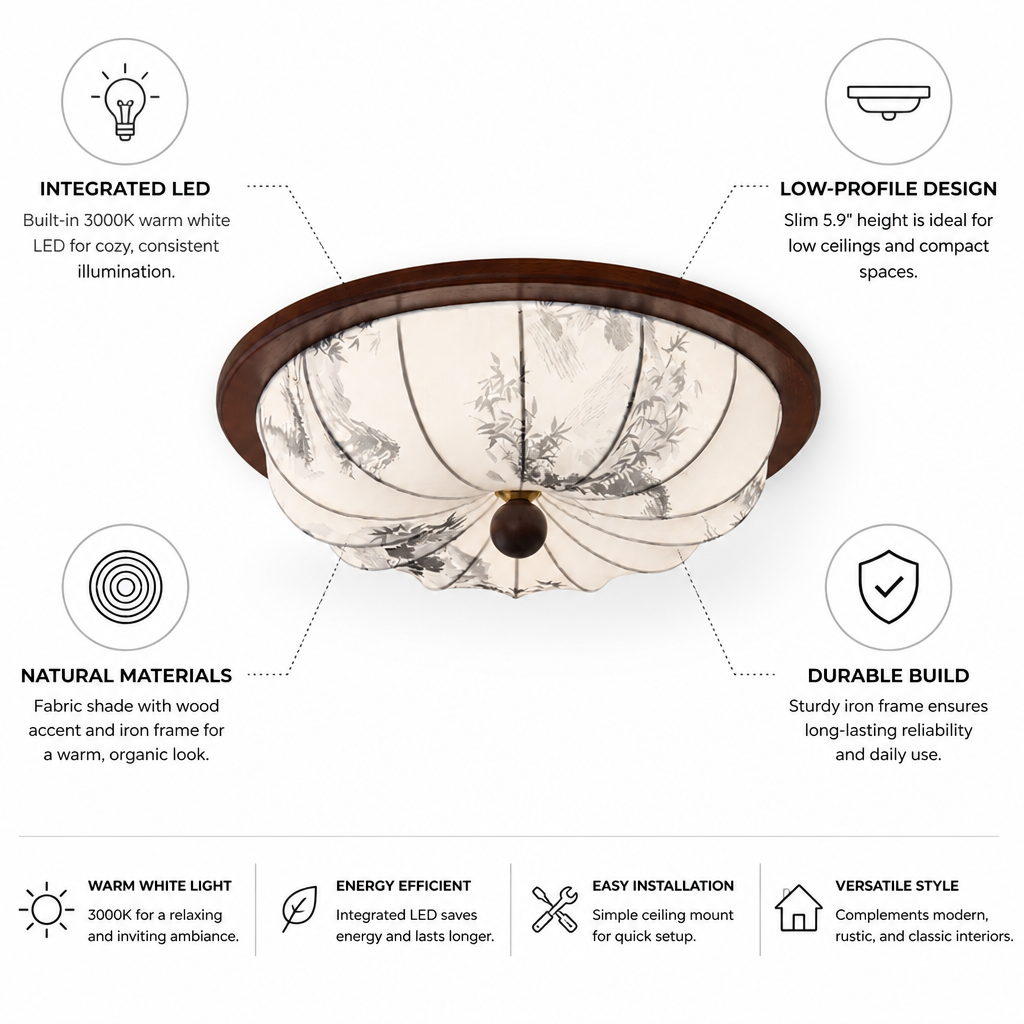 Ceiling Light Integrated Warm LED Fabric Shade Wood Accent