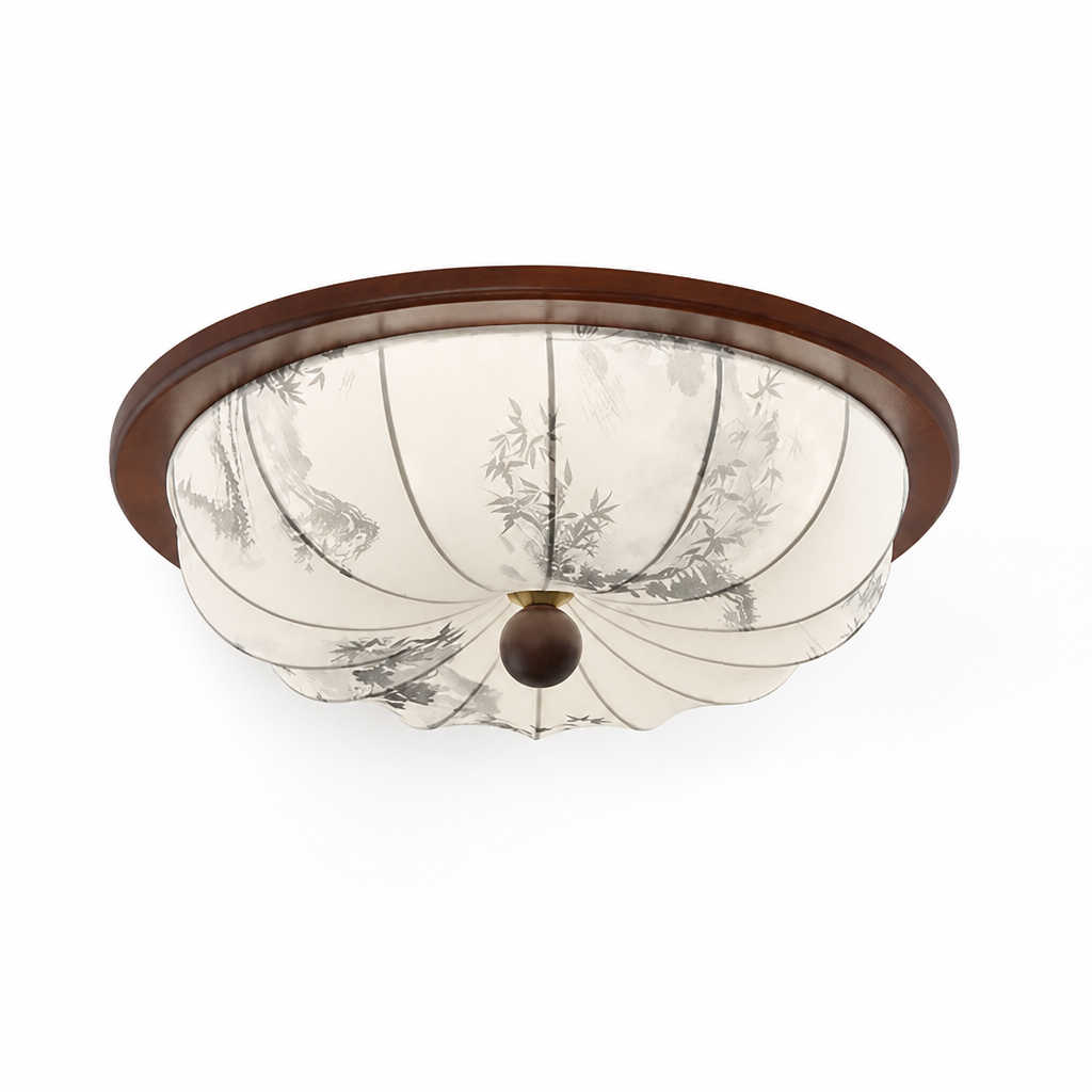 Ceiling Light Integrated Warm LED Fabric Shade Wood Accent