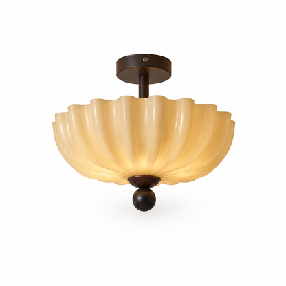 Ceiling Light Semi-Flush Ribbed Glass Walnut Wood