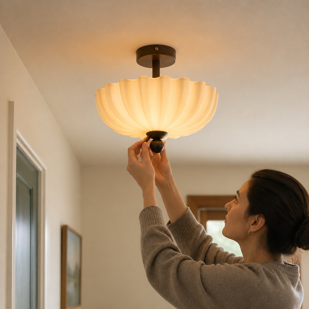 Ceiling Light Semi-Flush Ribbed Glass Walnut Wood