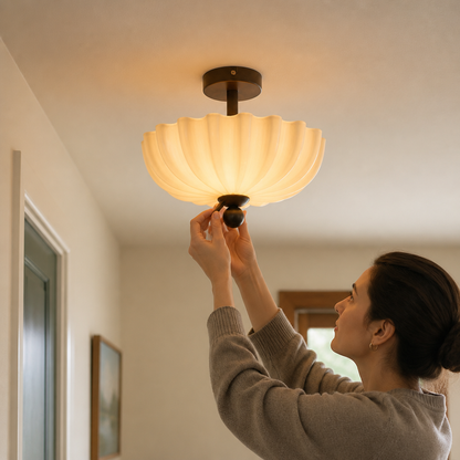Ceiling Light Semi-Flush Ribbed Glass Walnut Wood