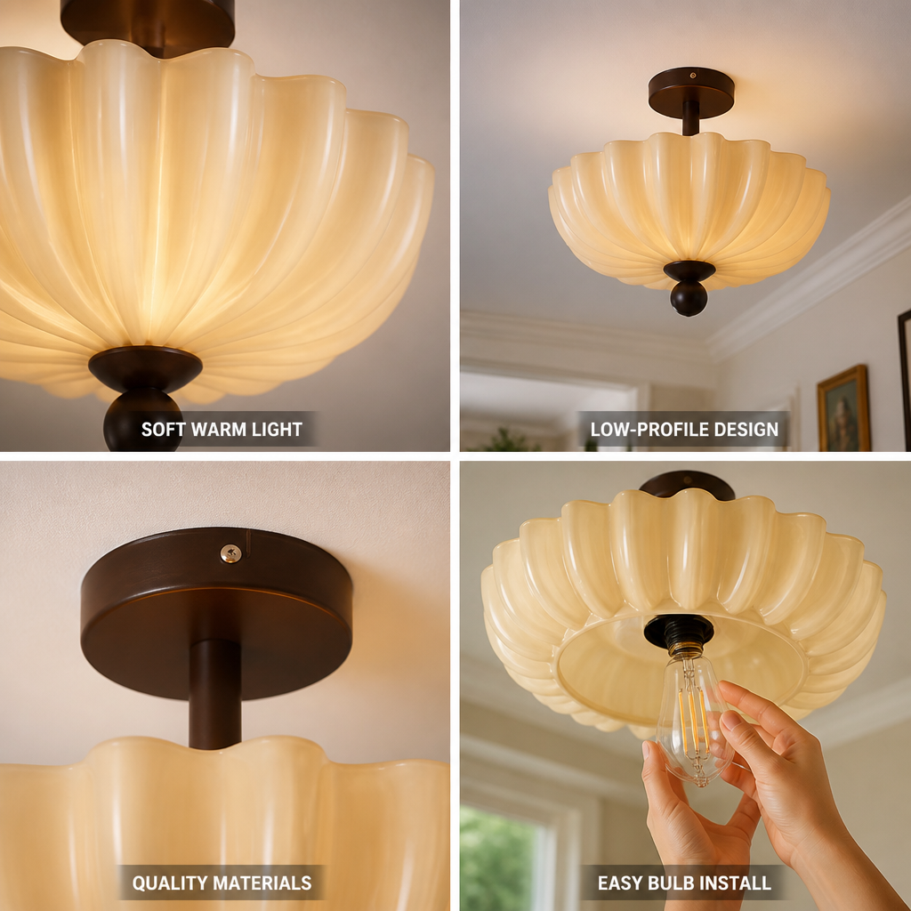 Ceiling Light Semi-Flush Ribbed Glass Walnut Wood