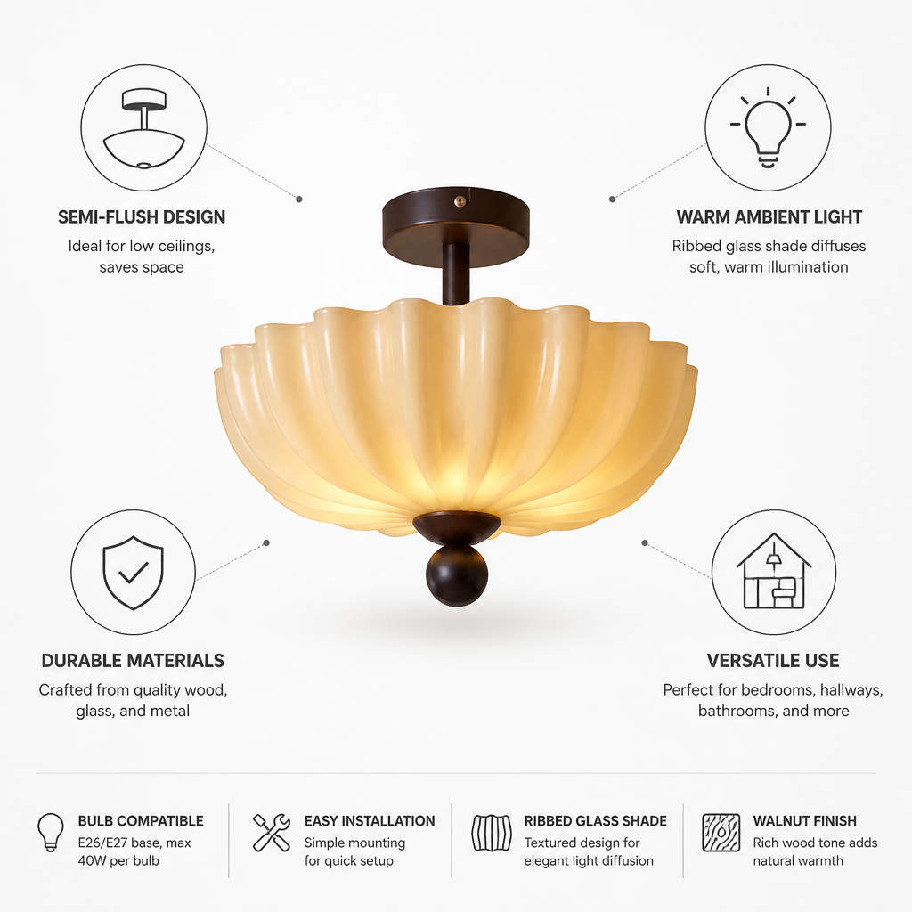 Ceiling Light Semi-Flush Ribbed Glass Walnut Wood