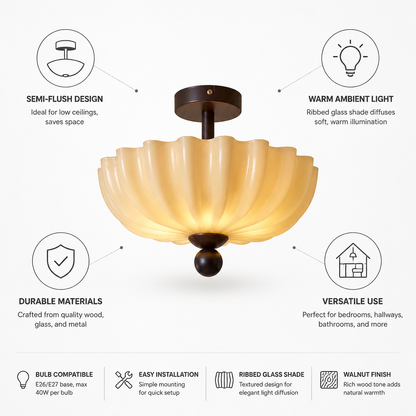 Ceiling Light Semi-Flush Ribbed Glass Walnut Wood