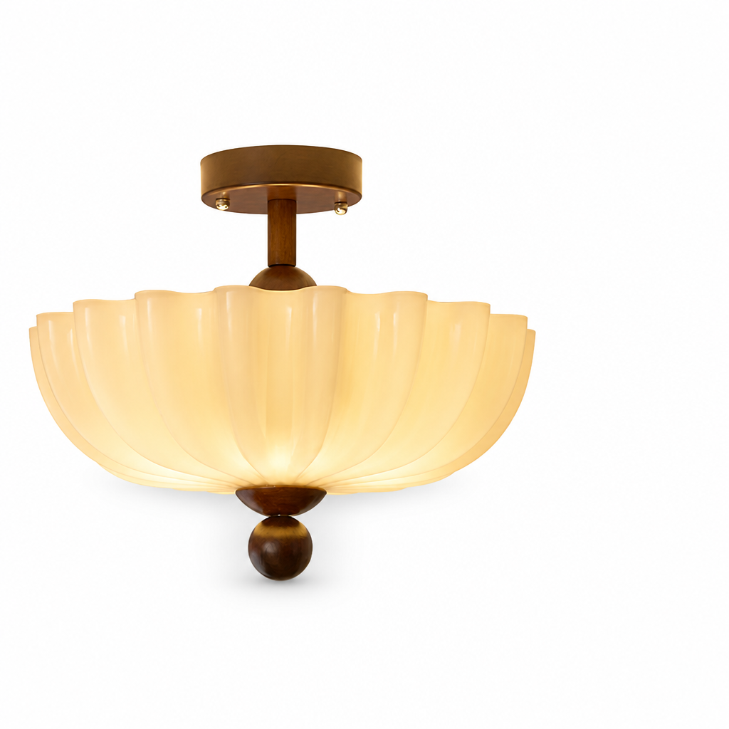 Ceiling Light Semi-Flush Ribbed Glass Walnut Wood