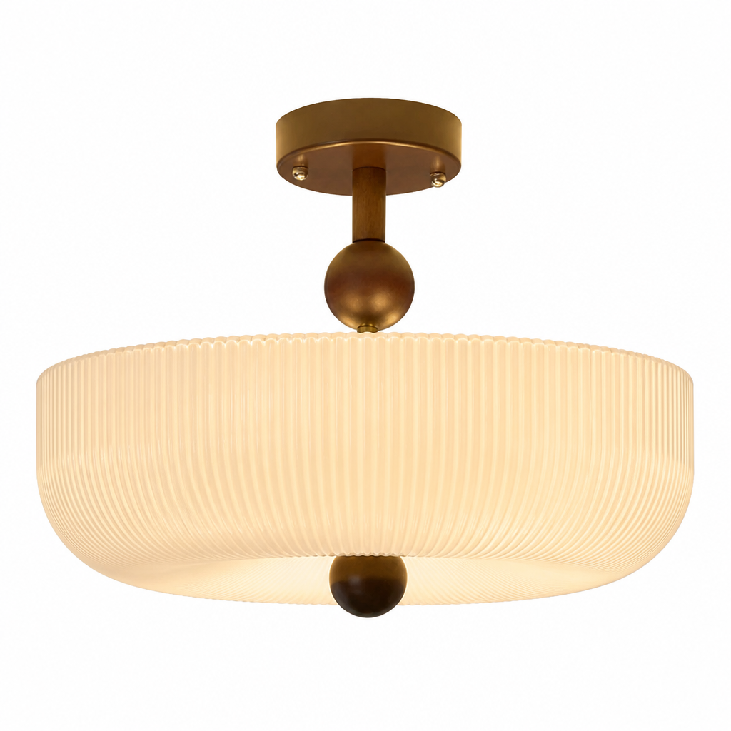 Ceiling Light Semi-Flush Ribbed Glass Walnut Wood