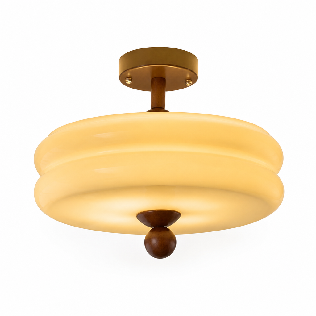 Ceiling Light Semi-Flush Ribbed Glass Walnut Wood