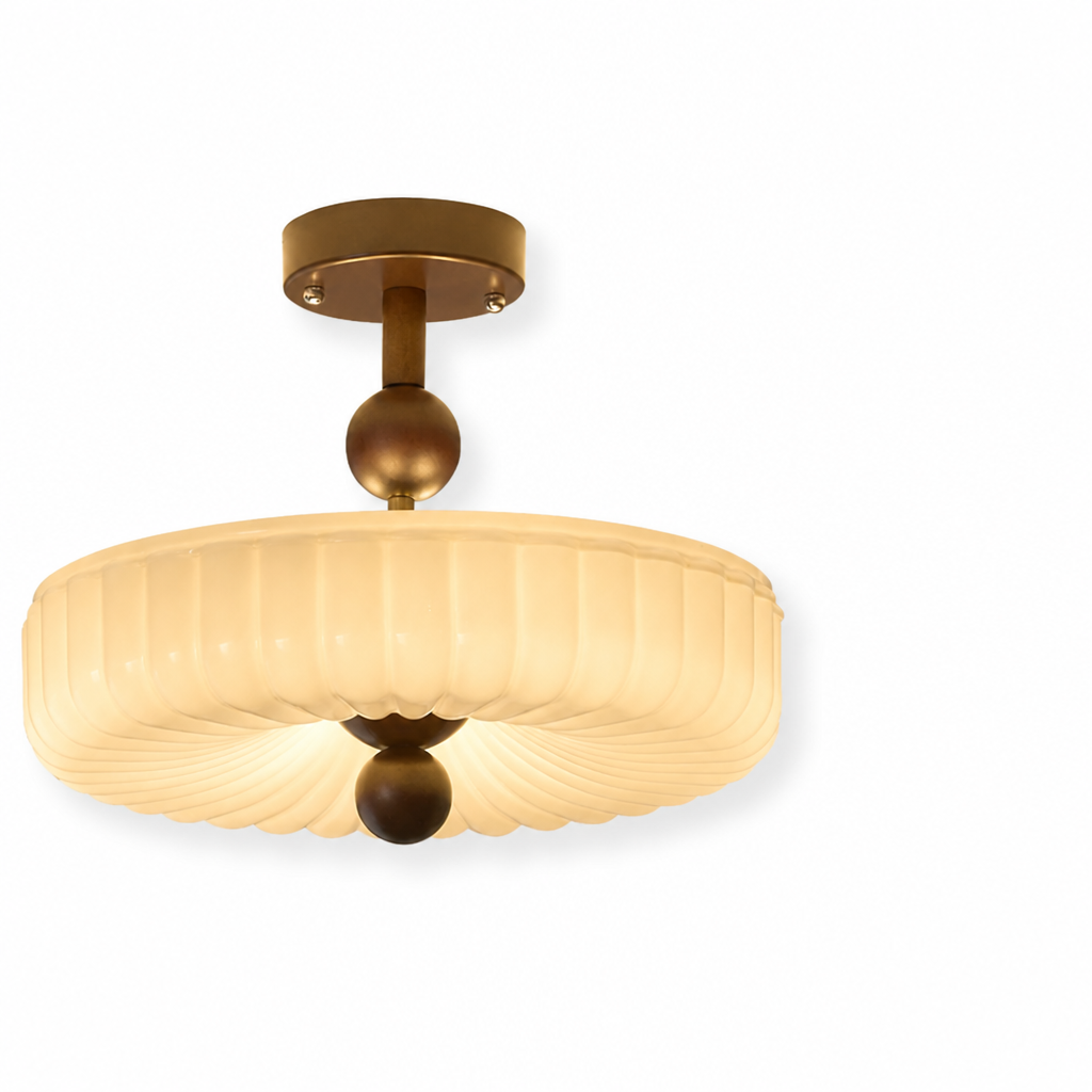 Ceiling Light Semi-Flush Ribbed Glass Walnut Wood