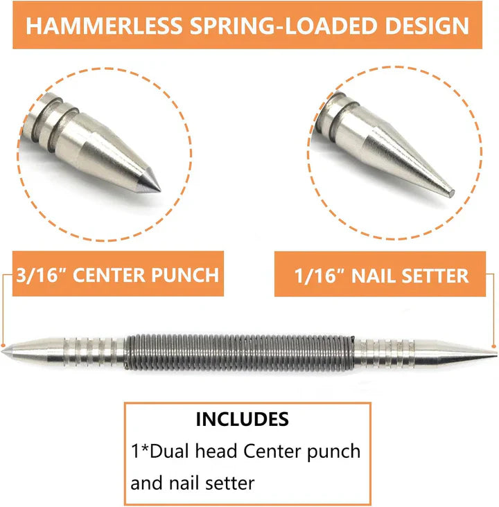 Center Punch Spring-Loaded Hardened 40Cr Steel Two Interchangeable Tips