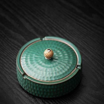 Ceramic Ashtray Handcrafted Glazed Wooden Lid