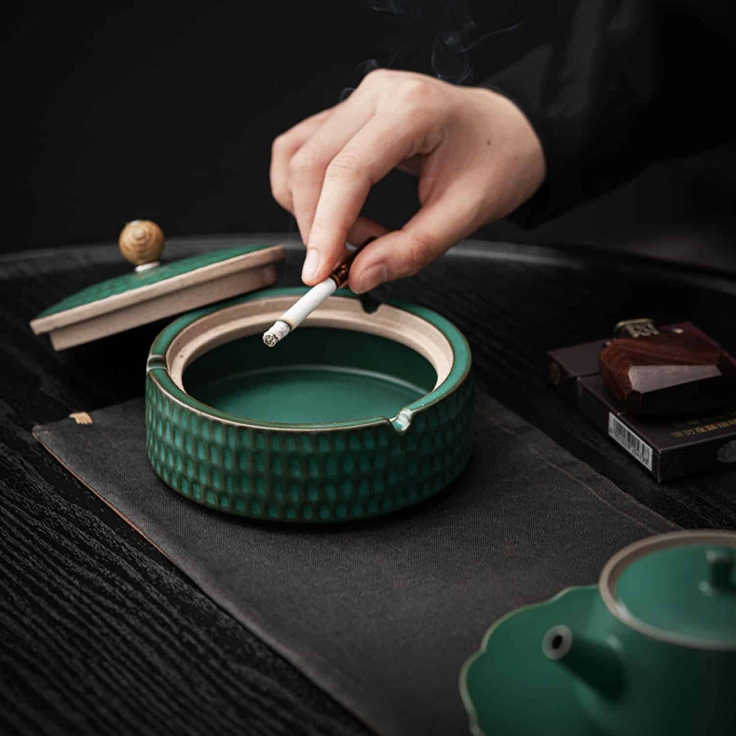 Ceramic Ashtray Handcrafted Glazed Wooden Lid