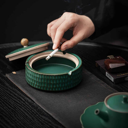 Ceramic Ashtray Handcrafted Glazed Wooden Lid