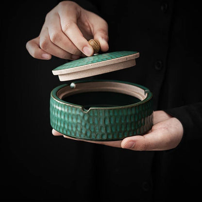 Ceramic Ashtray Handcrafted Glazed Wooden Lid