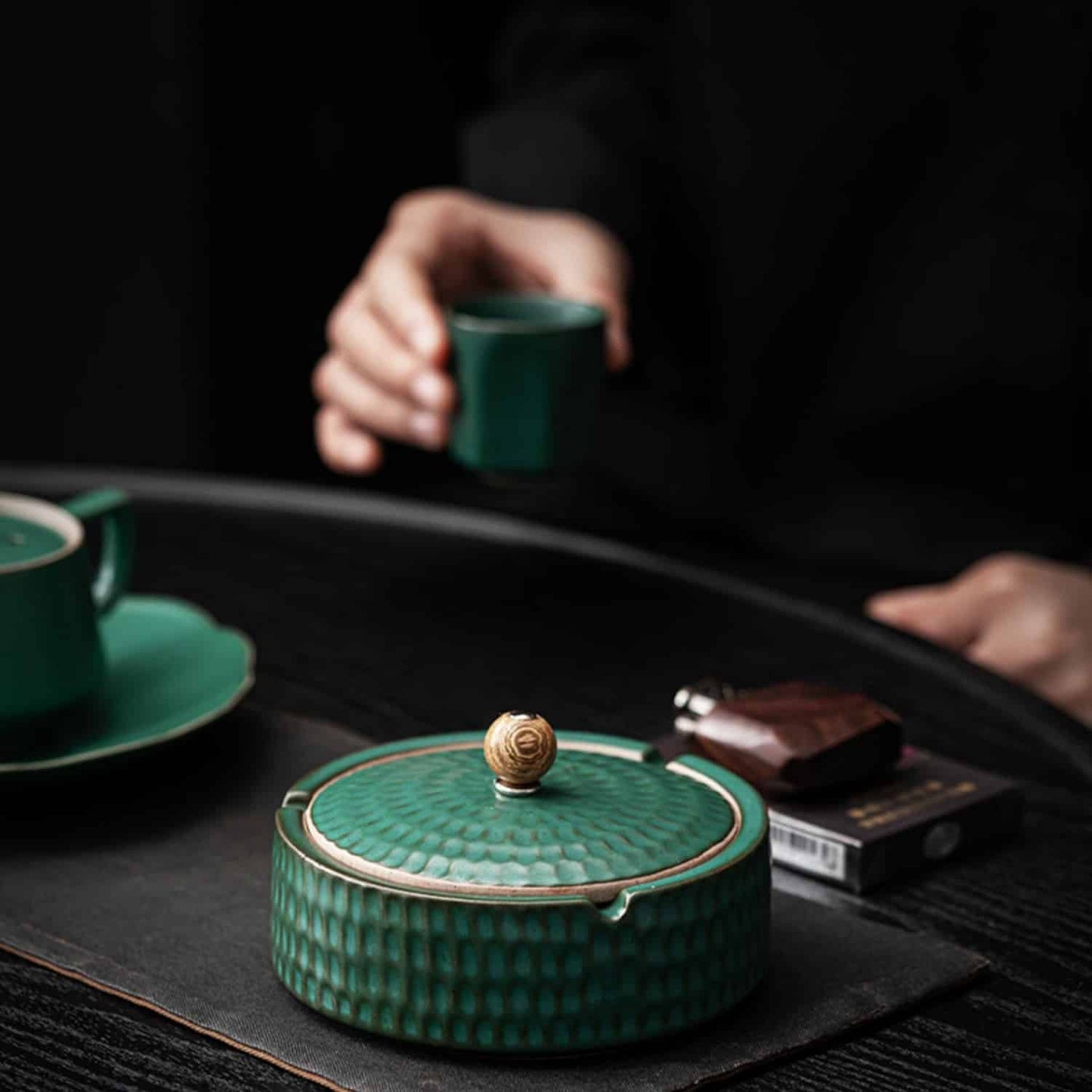 Ceramic Ashtray Handcrafted Glazed Wooden Lid