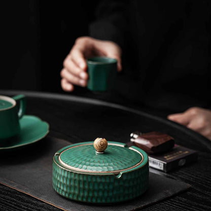 Ceramic Ashtray Handcrafted Glazed Wooden Lid