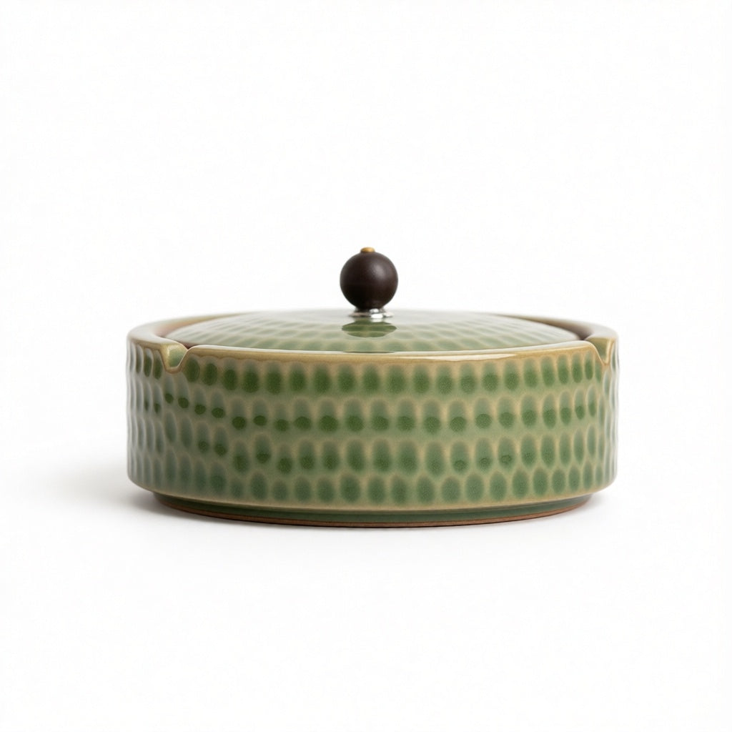Ceramic Ashtray Handcrafted Glazed Wooden Lid